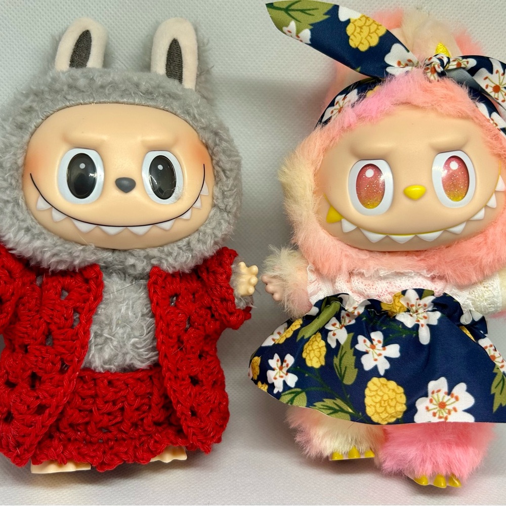 Handmade Crochet Cardigan and Skirt/hat, plus Fabric Dress for Labubus